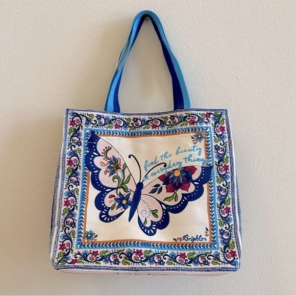 Brighton NWT Butterfly Garden Tote OS Blue Pink Canvas Shoulder Bag - Picture 3 of 8